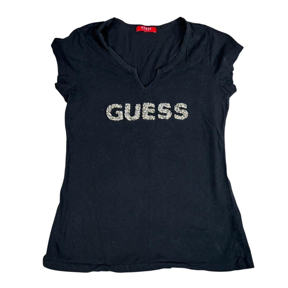 Guess Los Angeles Womens Black Rhinestone Logo V-Neck Short Sleeve T-Shirt